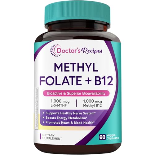 Doctors Recipes Methyl Folate & B12 Supplement for Women and Men L-5-MTHF 1000 mcg Vitamin B12 1000 mcg Bioactive Naturally Occurring High Absorption Nerve Energy & Heart Support 60 Caps