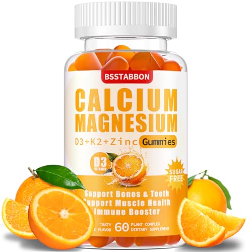 BSSTABBON Sugar Free Calcium Magnesium Gummies 600mg Calcium,300mg Magnesium Complex, with Vitamin D3 & K2,Supplements for Energy Support（60 Gummies） (60 Count)