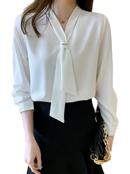 Women's Tie Neck V-Neck Chiffon Long Sleeve Blouse | Elegant Korean Style Relaxed Fit Shirt Top | Lightweight Business Casual Office Wear | Straight Cut | Soft & Comfortable Fabric