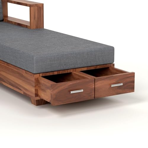 Image of Sheesham Wood L Shape Sofa Set for Living Room with Storage Drawers and 40 Density Cushion | Solid Wooden Corner Sofa Set with Grey Fabric Upholstery
