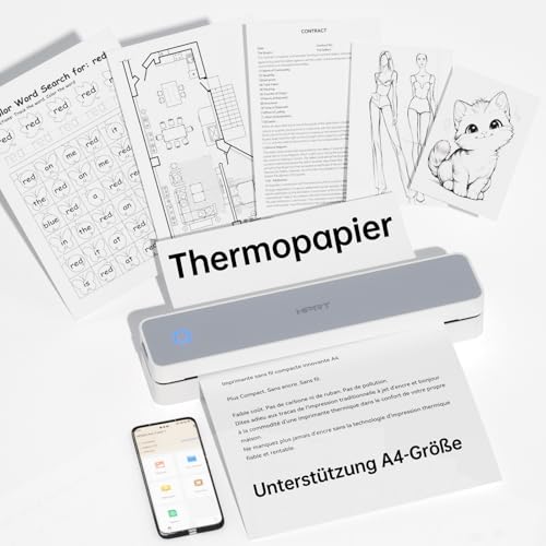 HPRT tragbarer Drucker drahtlos für Reisen, Bluethooth Tintenloser Thermodrucker Unterstützung für A4-Papier, kompatibel mit iOS, Android, Laptop für Büro und Zuhause, Weiß-Grau