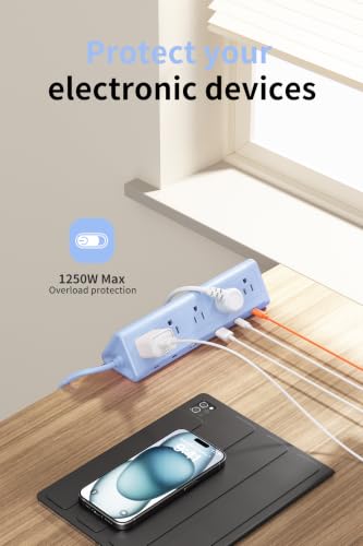 Image of 6.5 FT Desk Clamp Power Strip with 5 AC Outlets & 6 USB Ports PD 40W USB-C Fast Charging, Extension Cord with Multiple Outlets, Fits 2.1 in top Edge Blue