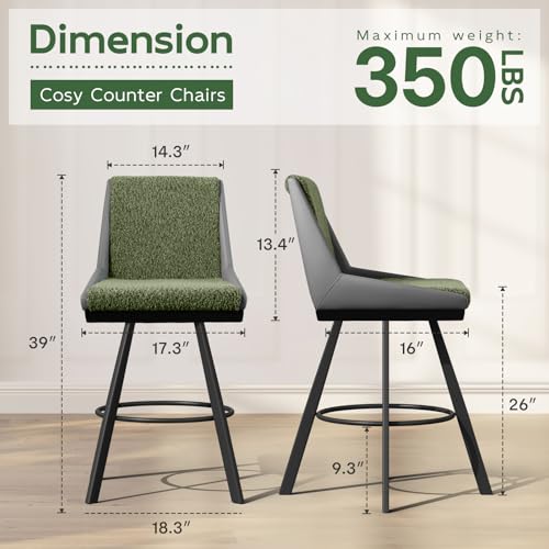 Ollega Bar Stools Set of 2, 26" Counter Height Bar Stools, Upholstered Swivel Barstools with Backs, Loop Yarn Fabric&Pu Leather, Metal Legs for Kitchen Island, Green&Gray — view 2