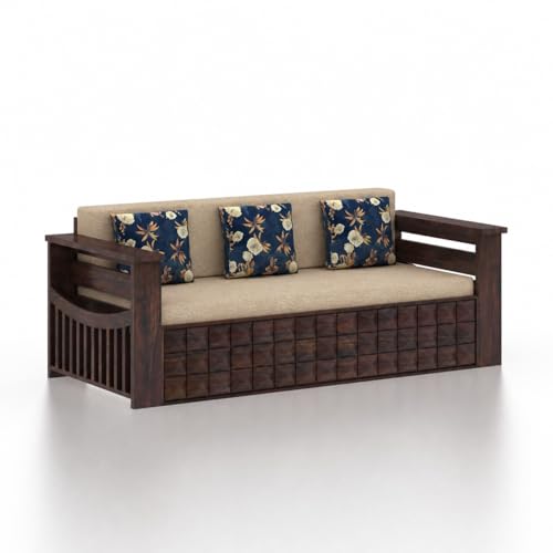 Image of Ganpati Arts Solid Sheesham Wood Diamond 3 Seater Sofa Cum Bed with Storage and Side Pockets for Living Room Wooden Furniture Sofa Bed for Home - Walnut Finish 1 Year Warranty, Beige, 3-Person Sofa