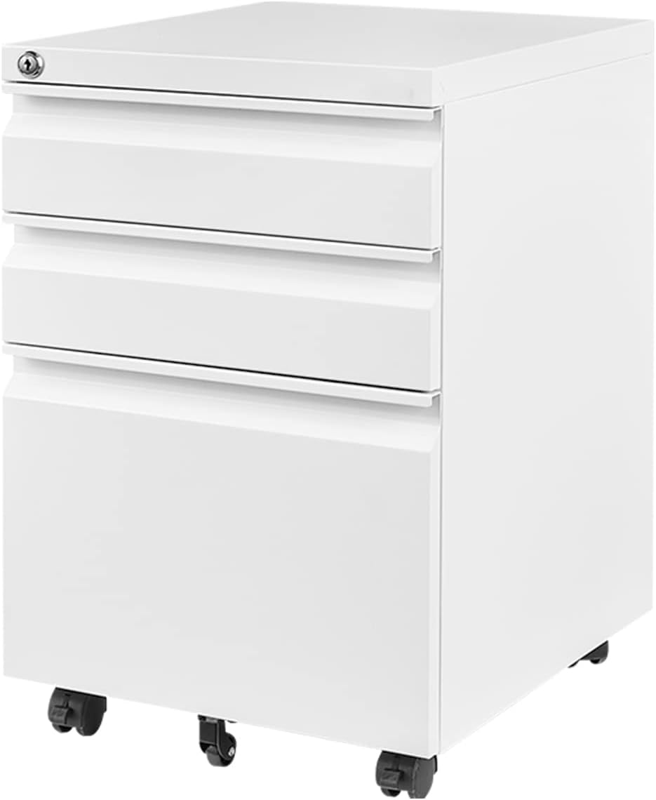 FLEXISPOT 3 Drawer Mobile File Cabinet for Home Office Under Desk Storage, Filing Cabinet with Lock Keys, File Organizer Cabinet for Legal/Letter/A4 File, White