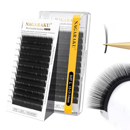 NAGARAKU Wet Camellia Eyelash Extensions Mega Volume 0.07L 12-13-14 | 3 Multi-Lengths Individual Lashes, Wet Wispy Flower Look, Matte Black Faux Mink Soft Natural, Pre-Glued Base, Salon Use