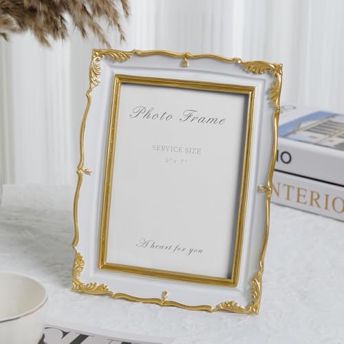 Vintage Picture Frame 5x7 Gold Frames, Ornate White and Gold Textured Hand-Crafted Resin Frame with Glass Front, 5 by 7 Antique Photo Frames for Tabletop Display