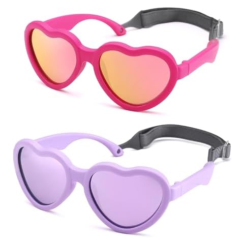 Hycredi Baby Heart Shaped Sunglasses - with Strap Adjustable Polarized Shades for Newborn Infant Age 0-24 Months - Rose Red/Red Mirrored + Purple/Purple Mirrored Cover
