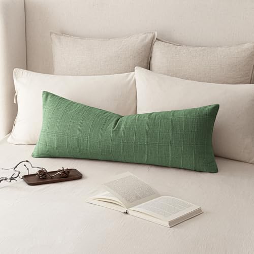 Image of Foindtower Set of 1 Decorative Linen Check Throw Pillow Cover Neutral Long Body Lumbar Cushion Cover Farmhouse Vintage Home Decor for Sofa Chair Couch Bedroom Living Room,14x36 Inch,Forest Green
