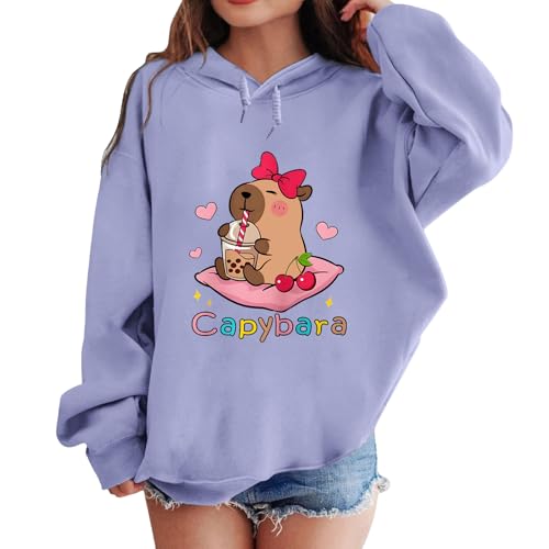 Pairxily Cute Capybara Graphic Hoodies for Teen Girls Kawaii Cartoon Printed Hoodie Anime Hooded Sweatshirt Fleece Pullover(Purple,2XL)