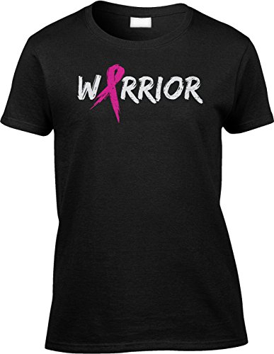 Warrior Text with Pink Ribbon Womens T-Shirt, XL, Black