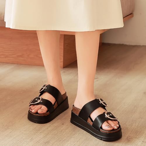 Image of Womens Platform Sandals Cork Footbed with Comfort Double Buckles,Slip on Platform Slides Summer Beach Wide Widths Sandal Shoes
