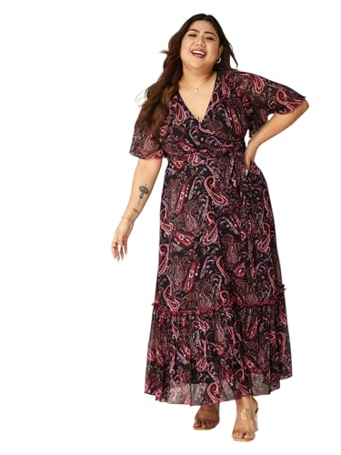 Image of Miss Chase A+ Women's Bohemian V-Neck Flutter Sleeve Chiffon Relaxed Fit Wrap Maxi Dress