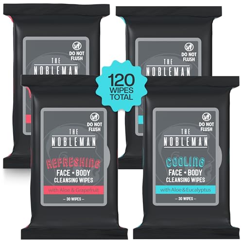 The Nobleman Cooling Face + Body Cleansing Wipes (120 Wipes) - 2 Packs Aloe & Eucalyptus + 2 Packs of Aloe & Grapefruit – Refreshing, Soothing, Non-Greasy, Skin Revitalizer