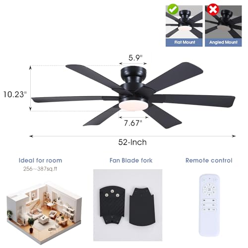 Image of 52 inch Low Profile Ceiling Fans with Lights and Remote, Black Indoor Ceiling Fan Light with Quiet Reversible DC Motor,Modern Flush Mount Ceiling Fans with Dimmable LED for Bedroom Kitchen