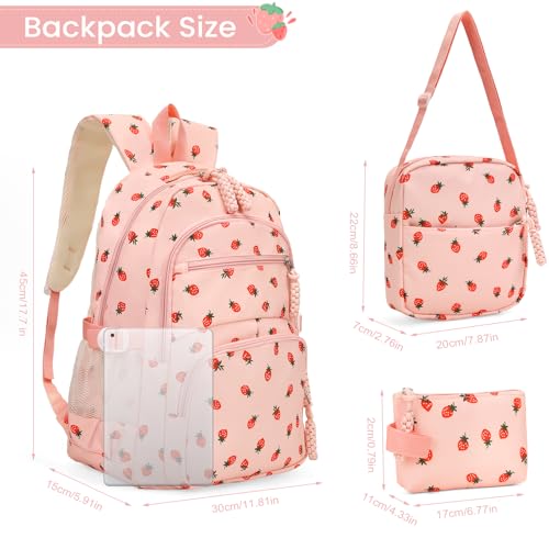 Image of Coquette Strawberry Backpack - Cute Kawaii Backpack Set Aesthetic Daypack Aesthetic Rucksack (B01 Strawberry Pink)