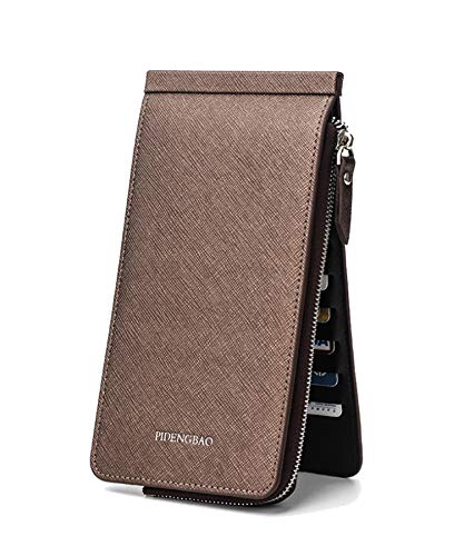 カードケース スリム スマホケース 大容量 薄型 ポイントカード カードホルダー 財布メンズ ビジネス 三つ折り 長財布 社会人 学生 高校生 プレゼント 母の日 お仕事 コンパクト 10×20cm 収納 カード 26枚 スマホ ファスナーポケット付き (ブラウン)