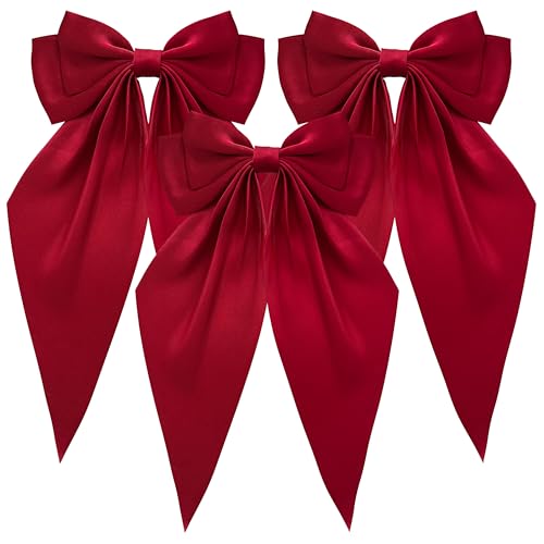 Loqpol Silky Satin Hair Bows Oversized Long Tail Bows with Barrette Clips Coquette Hair Accessories for Women and Girls (Burgundy 3P)