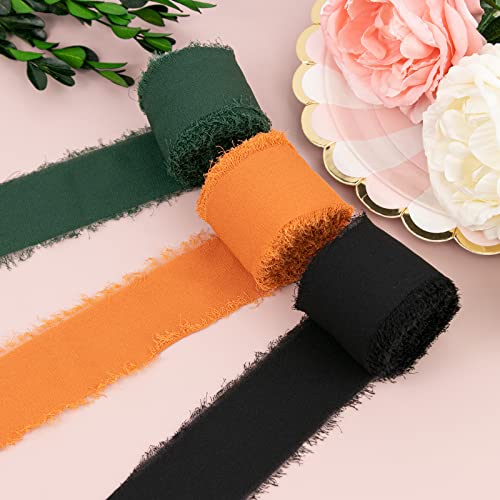 Handmade Fringe Chiffon Silk Ribbon, Frayed Edges Ribbon Silk-Like Fabric Ribbon, Cotton Ribbon For Wedding Invitations Bridal Bouquets Gifts Wrapping Diy Crafts (Terracotta & Dark Green & Black) #TOP3