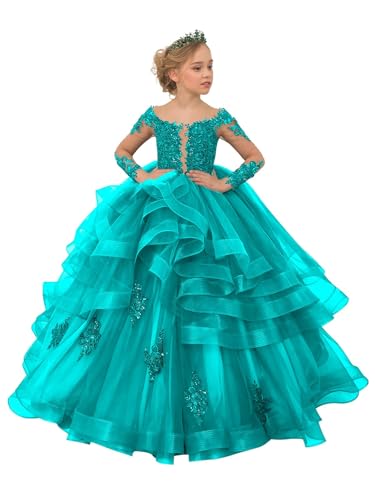 Long Sleeve Flower Girl Dresses Laces Applique Beaded Princess Pageant Dress Beaded Ruffle Tulle Kids Prom Party Gown