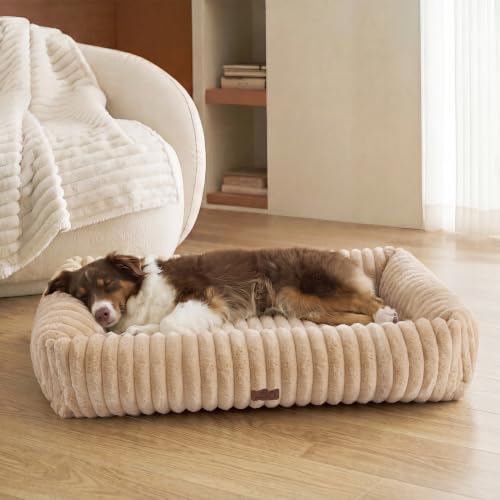 Image of Bedsure ComfyFleece Dog Beds Large Sized Dog Washable,40in Sandy Beige | Furry Big Rectangle XL Pet Beds,Cute Aesthetic,Orthopedic Corduroy Fleece,Removable Zipper Cover,Non-Slip Bottom,Up To 75 Lbs