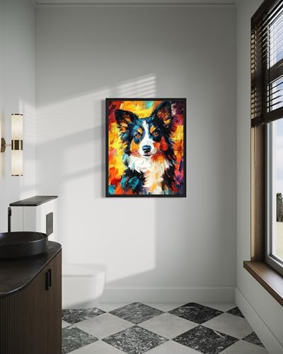 Image of Border Collie Colorful Abstract Black Framed Wall Art Print Poster, Dog Pet Lover Picture Painting Artwork Bedroom Living Room Office Dining Room 150D (Border Collie Colorful Abstract, 10 inchL x 8 inchW, Black Frame)