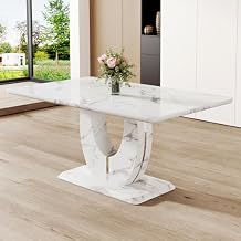JUFU 63" Faux Marble Dining Table for 4-6 People, Modern Rectangular Kitchen & Dining Room Table, White Marble-Look MDF Tabletop with U-Shaped Pedestal Base, Easy Assembly Dining Table