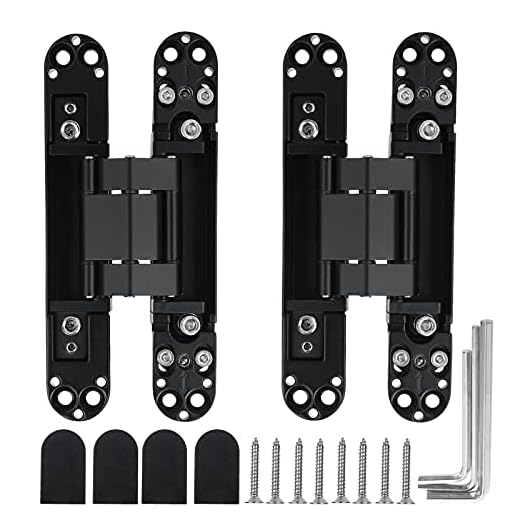 2 Set 6 Inch Hidden Door Hinges Zinc Alloy Heavy Duty Invisible Hinge 180 Degree Swing Concealed Hinge 3 Way Adjustable Butt Hinge 6 x 2.5 x 1 Inch Black (2 Hinges)