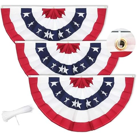 GOAUS 3x6 Ft American Bunting Flags with Grommets&Zip Ties, 4th Fourth of July Decorations Outdoor USA Patriotic Pleated Fan Banner,Red White and Blue Decor for Memorial Veterans Day(Set of 3) Cover