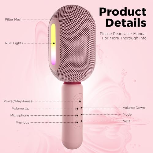 Image of Wireless Bluetooth Karaoke Mic with 5W Speaker,Upto 3-Hour Playtime, Dynamic RGB Lights, Music Recording, Duet Singing, Mini Karaoke Machine for Car Travel, Fast Charging (Pink)