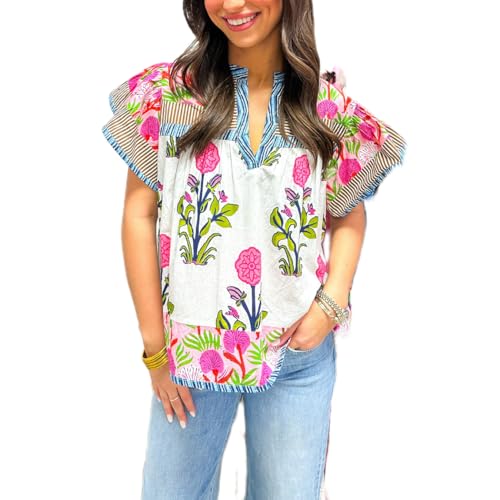 Women Y2K Ruffle Cap Sleeve Top Boho Floral V Neck Shirt Peplum Babydoll Patchwork Blouse Shirt Going Out2
