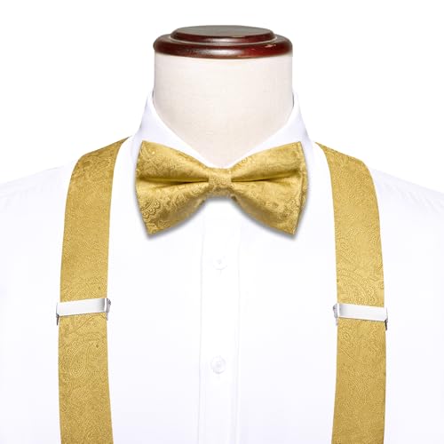 Image of Dubulle Suspender and Bow Tie for Men Paisley Solid Mens Suit Braces Pretied Bowtie and Handkerchief Cufflinks Formal Wedding