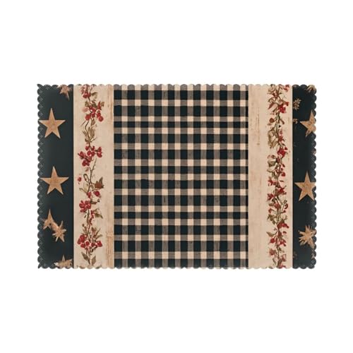 Vintage Western Texas Star Primitive Berries Black Buffalo Plaid Placemats for Dining Table Set of 6,Four Seasons Kitchen Dining Table Decoration for Indoor Party Home 12x18 Inch