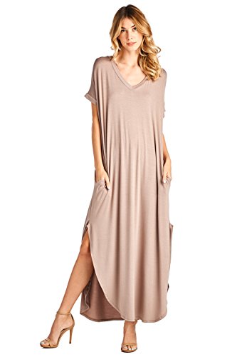 12 Ami Solid V-Neck Pocket Short Sleeve Loose Maxi Dress Taupe L