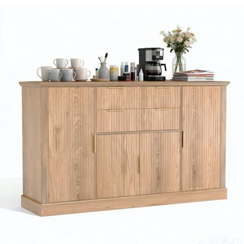 Garvee_SC Garvee Fluted Buffet Cabinet for Dining Room, 58" Sideboard with 4 Doors & 2 Drawers, Adjustable Shelf Storage Cabinet, Kitchen Console Table with Gold Handles, Coffee Bar & Living Room Cred