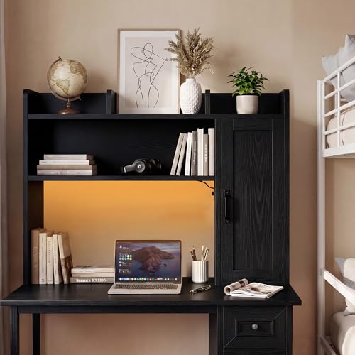 Image of Desktop Storage Shelf, 37.4 inch Computer Desk Organizer 3-Tier Wood Desktop Storage Shelf Desk Hutch Dorm with RGB LED Light & Power Outlets for PC Gamers, Office, College Dorm Must Haves-Black
