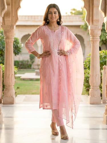 Image of INDO ERA Women's Silk Blend Embroidered Thread Work Kurta & Pant with Dupatta Set | Suit Set For Women