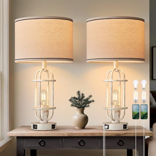 Image of Reaketon 22.3" Farmhouse Table Lamps Set of 2, Vintage Lamps for Living Room End Tables, Bedroom Lamp for NightStand with USB C+A Ports, Antique White