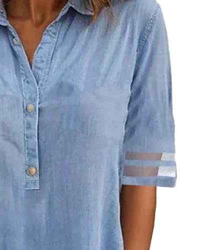 Image of SOMTHRON Women's Denim Shirt Dress Lapel Tulle Short Sleeve Button Down Loose Jean Tunic Midi Dress with Pockets
