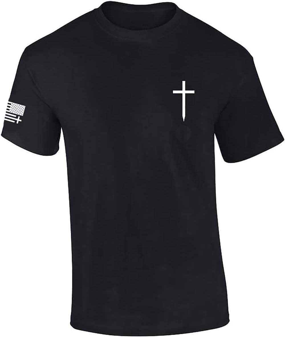 Mens Christian Shirt Faith Cross Crest American Flag Sleeve T-Shirt Graphic Tee