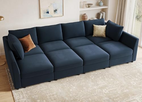 Image of HONBAY Modular Sectional Sofa Velvet Sleeper Couch with Storage,Dark Blue | Easy to assemble,Hidden Storage,Removable Cushion,Sectional Couches for Living Room,Pet-friendly Fabric