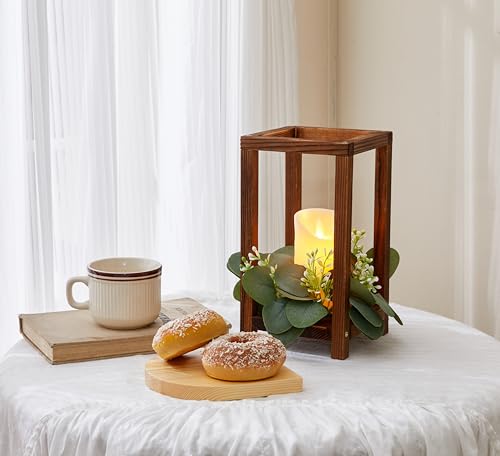 Neoflavie Wooden Wedding Lantern Centerpiece Include Wooden Lantern Candle Holder Flameless LED Candle Eucalyptus Leaves Wreath for Centerpieces Wedding Table Party Farmhouse Decor - Image 8