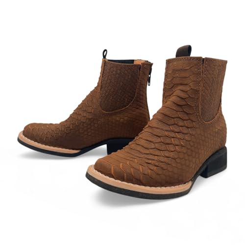 Kids Python Print Leather Ankle Boots, Square Toe Side Zipper Boys Western Boot3