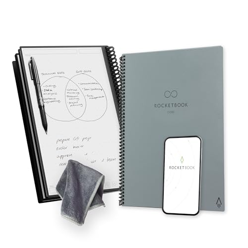 Rocketbook Core Reusable Spiral Notebook, Letter Size 8.5x11, Gray - Dotted Pages, App-Connected, Erasable, Durable Cover, Ideal for School, Work, and Creative Projects
