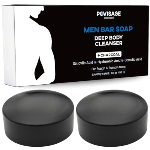 POVISAGE Unscented Body Bar Soap for Men with Oily Skin – Charcoal, Salicylic Acid, Hyaluronic Acid & Glycolic Acid for Deep Clean & Clear Skin – 2 Bars