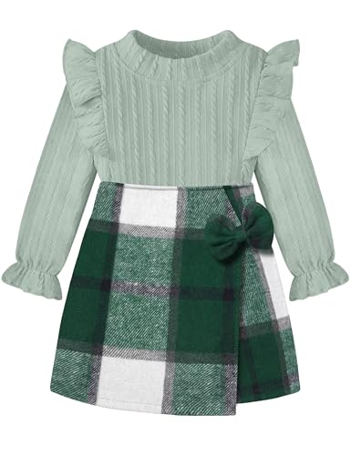 Image of Toddler Girl Clothes, Kids Clothes 2 Piece Ruffle Sleeve Tops Mini Plaid Skirt Skort Fall Winter Outfits Set 3-7T