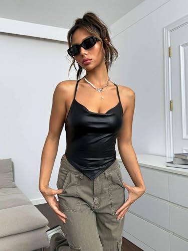 OYOANGLE Women's PU Leather Going Out Top Summer Sleeveless Draped Halter Crop Tank Cami Top4