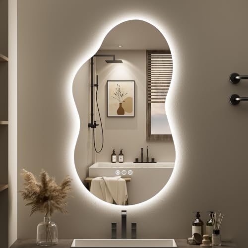 Image of 20x36 Inch Asymmetrical LED Bathroom Mirror with Lights, Backlit, Anti-Fog, Irregular Cloud Lighted Bathroom Vanity Mirror for Wall, Dimmable, 3 Colors, Memory, HD Tempered Glass