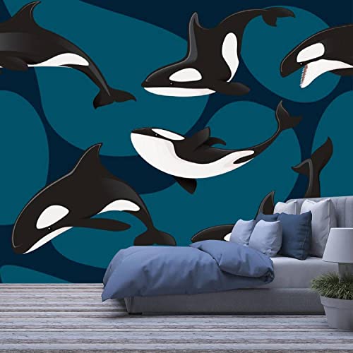 Afwadfwa Modern 3D Removable Wallpaper Self-Adhesive Seamless Killer Whale Orca Cartoon Wall Murals Peel And Stick Wall Stickers For Living Room Bedroom Wall Decor #TOP27