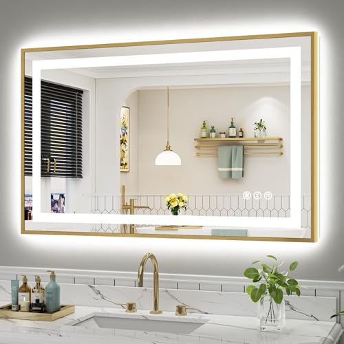 Image of 48x30 Inch LED Bathroom Mirror with Gold Frame, Backlit & Front Lit, Anti-Fog Lighted Bathroom Vanity Mirror for Wall, Memory Function, Dimmable, HD Tempered Glass, Shatter-Proof